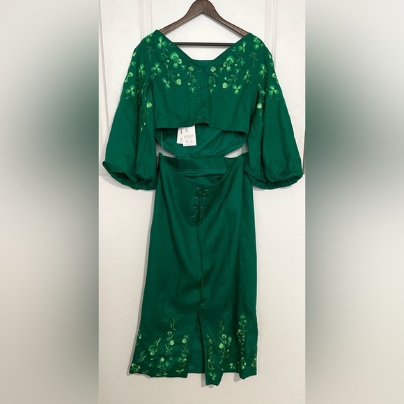 Saloni Neelam floral embroidered cutout linen dress emerald green sz us 12 - Picture 6 of 12
